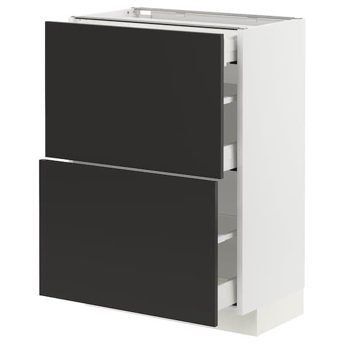METOD / MAXIMERA base cab with 2 fronts/3 drawers, white/Nickebo matt anthracite, 60x37 cm