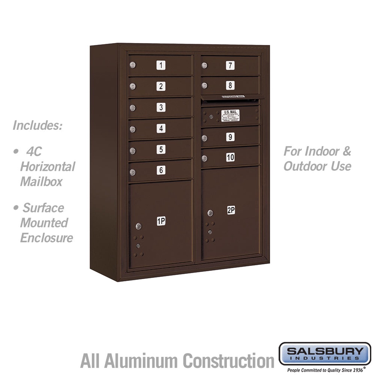 10-Door High Surface Mounted 4C Horizontal Mailbox with Parcel Lockers in Bronze