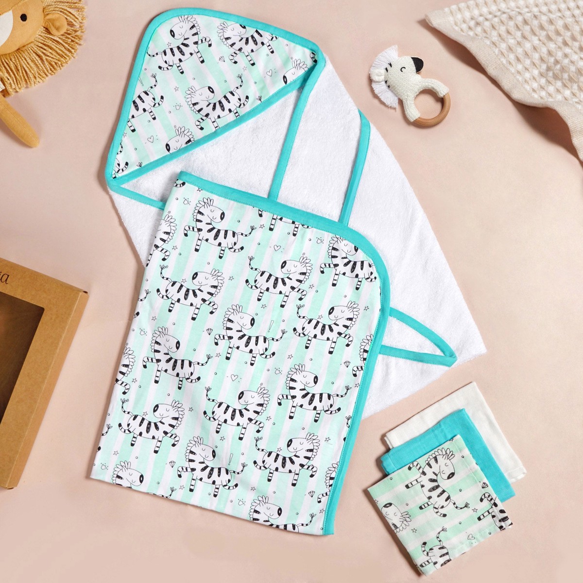 Zebra Baby Hamper With Swaddle Towel Napkin Rattle Set Of 6