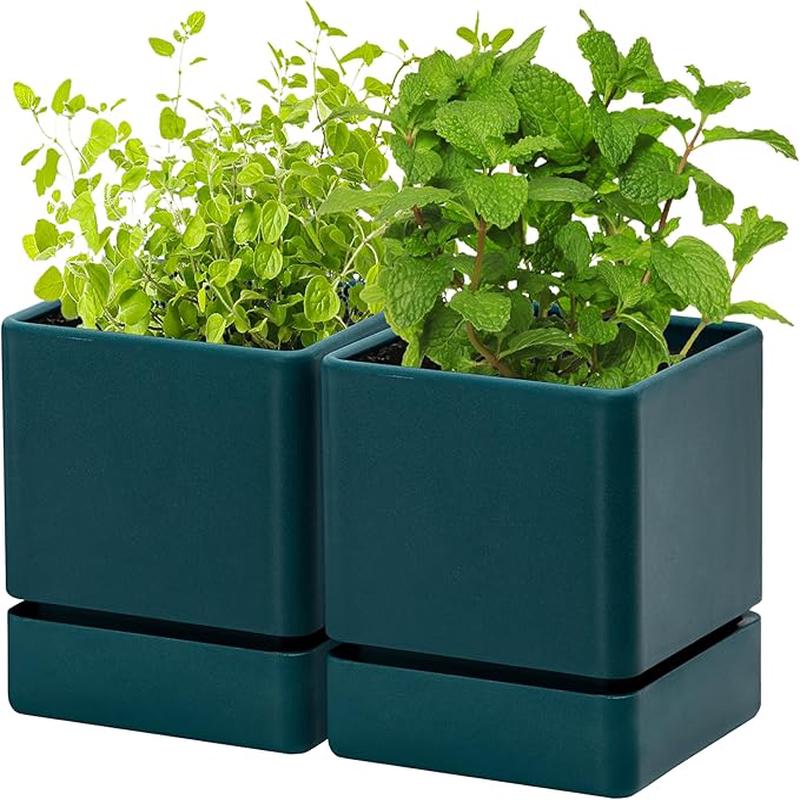 D'vine Dev 4 Inch Herb Planter Pot, Plastic Planter with Drainage Holes and Saucer, Modern Decorative Gardening Pot for Indoor Plants, Flowers, Herbs, Succulents, Green, Set of 2, 76-Y-C-2