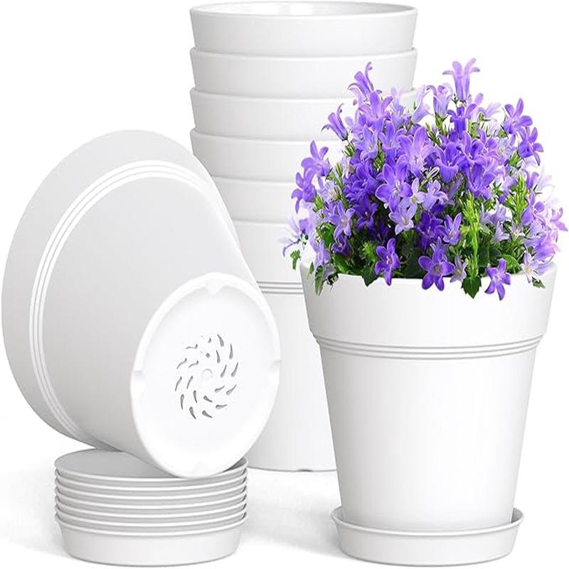 4 Inch Plastic Plant Pots with Drainage Holes and Trays  8 Pack Small Nursery Pots for Indoor & Outdoor House Plants and Flowers, Seedling Starter Planters, White