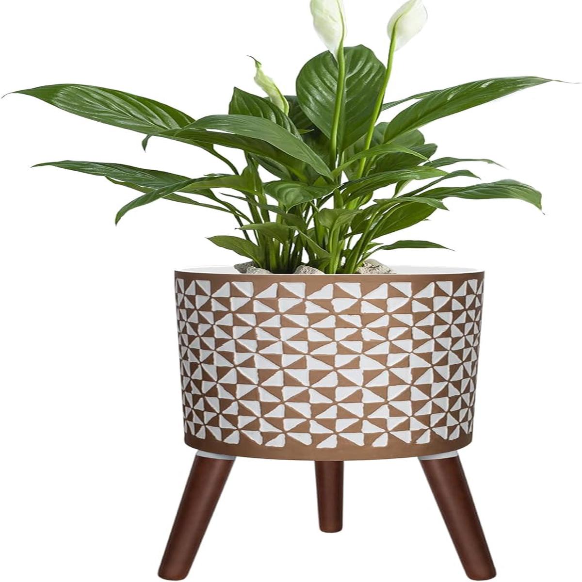 10 Inches Plant Pots with Wood Stand Large Modern Standing Planters for Indoor Mid Century Flower Pot with Drainage Holes Big White & Gold Planters for Living Room, 