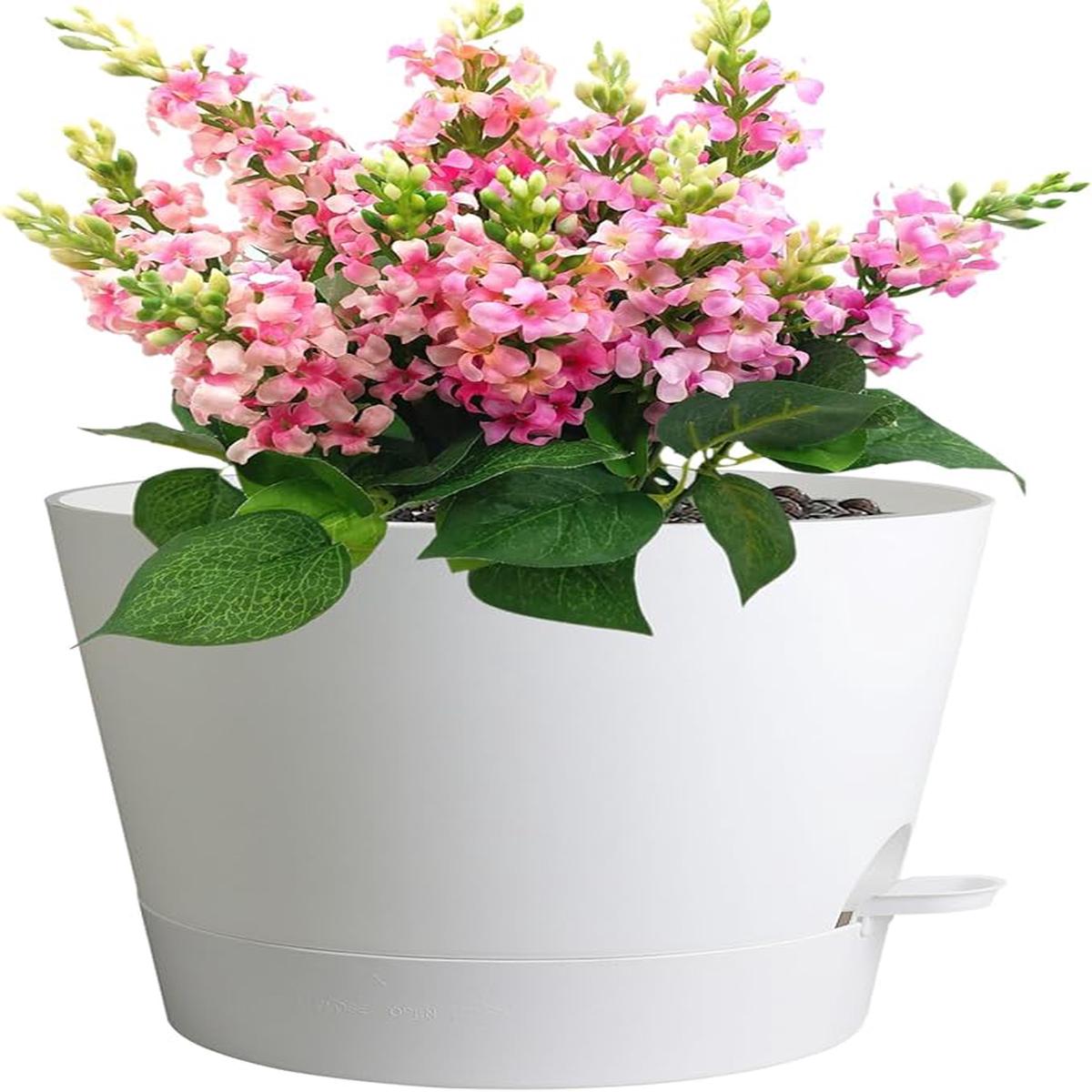 12 inch Large Self Watering Pots for Indoor Outdoor Plants, Flower Plant Pots with Mesh Drainage Holes for Garden House, Plastic Planters with Reservoir for Home, Wh