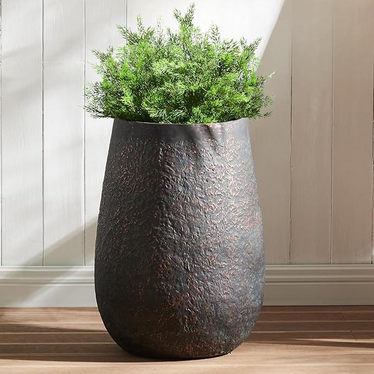 Weathered Concrete 19.7 Inch Tall Planter, Large Decorative Flower Pot with Drainage Hole, Round Plant Container for Home, Garden, Patio, Courtyard, A Dusting of Bro