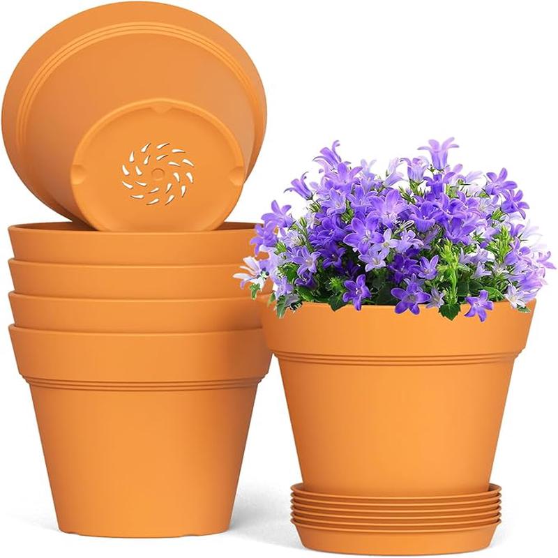 5 Inch Plastic Plant Pots with Drainage Holes and Trays  6 Pack Small Nursery Pots for Indoor & Outdoor House Plants and Flowers, Seedling Starter Planters, Terracotta