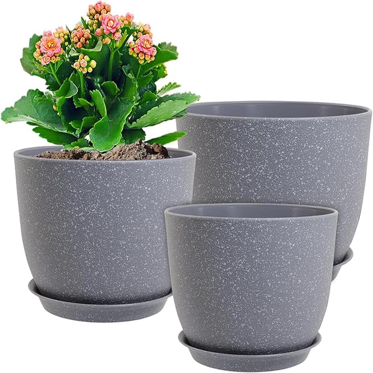 12/10/9 inch Large Plant Pots, 3 Pack Modern Decorative Plastic Planters with Drainage Holes and Saucer for House Garden Plants, Flower Pots for Indoor Outdoor Plant