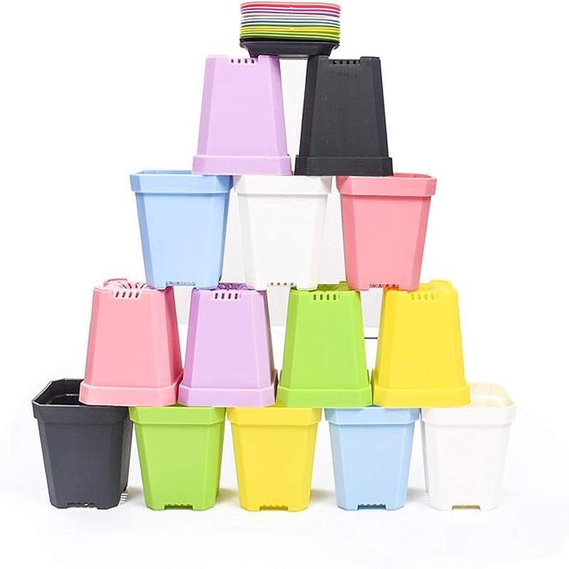 14pcs Colorful Square Plastic Plant Pot, Planter, Flower Pot with Pallet Tray Saucer for Decoration of Home Office Desk Garden Flower Shop