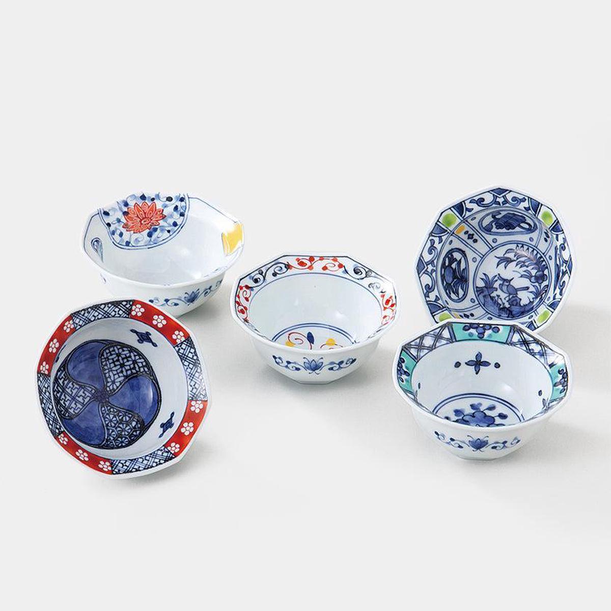 [BOWL SETS] NISHIKI-PATTERN BOWL OCTAGON SET OF 5 | HASAMI WARES| SAIKAI TOKI