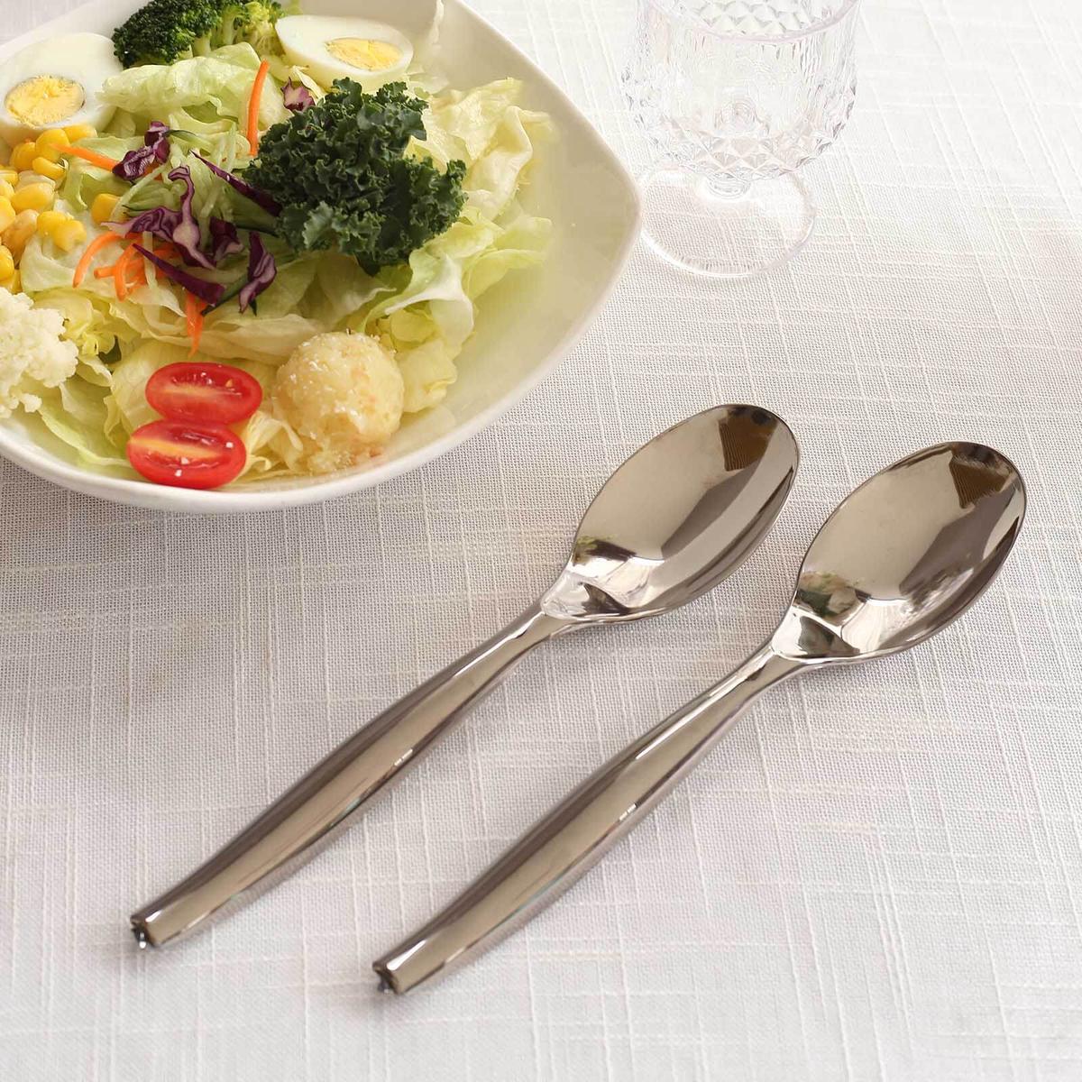 10-Pack Plastic Serving Spoons 10" Silver Classic Style - Food Grade Heavy Duty Large Disposable Serving Utensils for Salads, Pasta & Sides