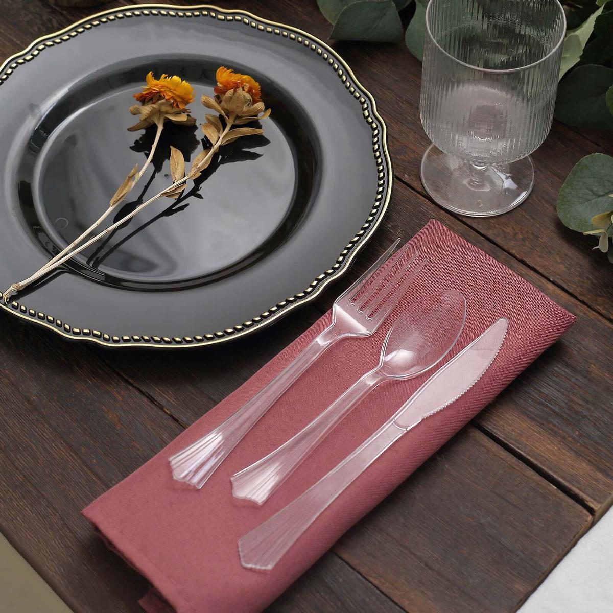 24-Pack Plastic Silverware Set 7" Clear with Fan Flared Tip Handle - Heavy Duty Disposable Fork, Spoon, and Knife