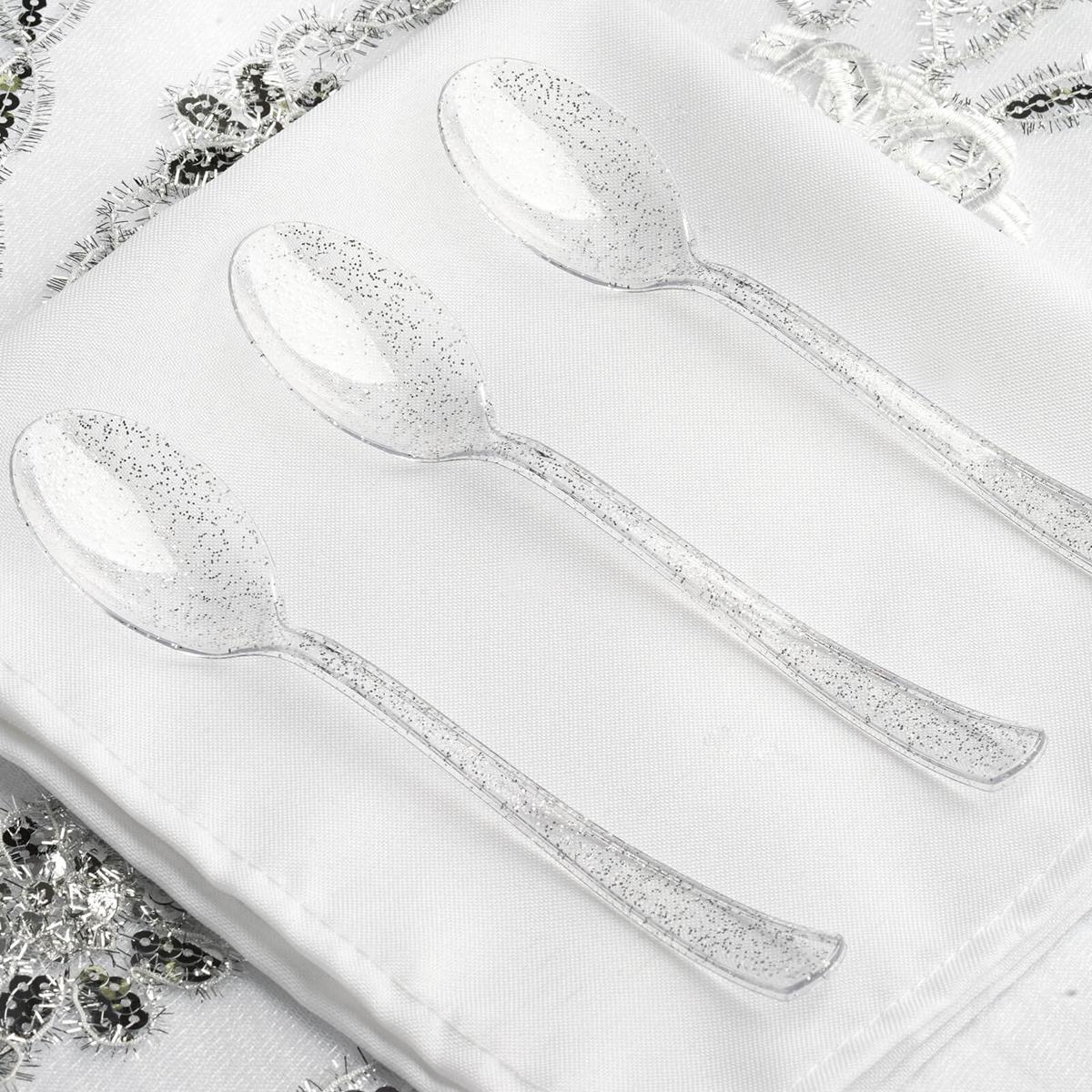 25-Pack Plastic Spoons 7" Clear Silver Glitter Classic Heavy Duty - Sparkly Disposable Utensils