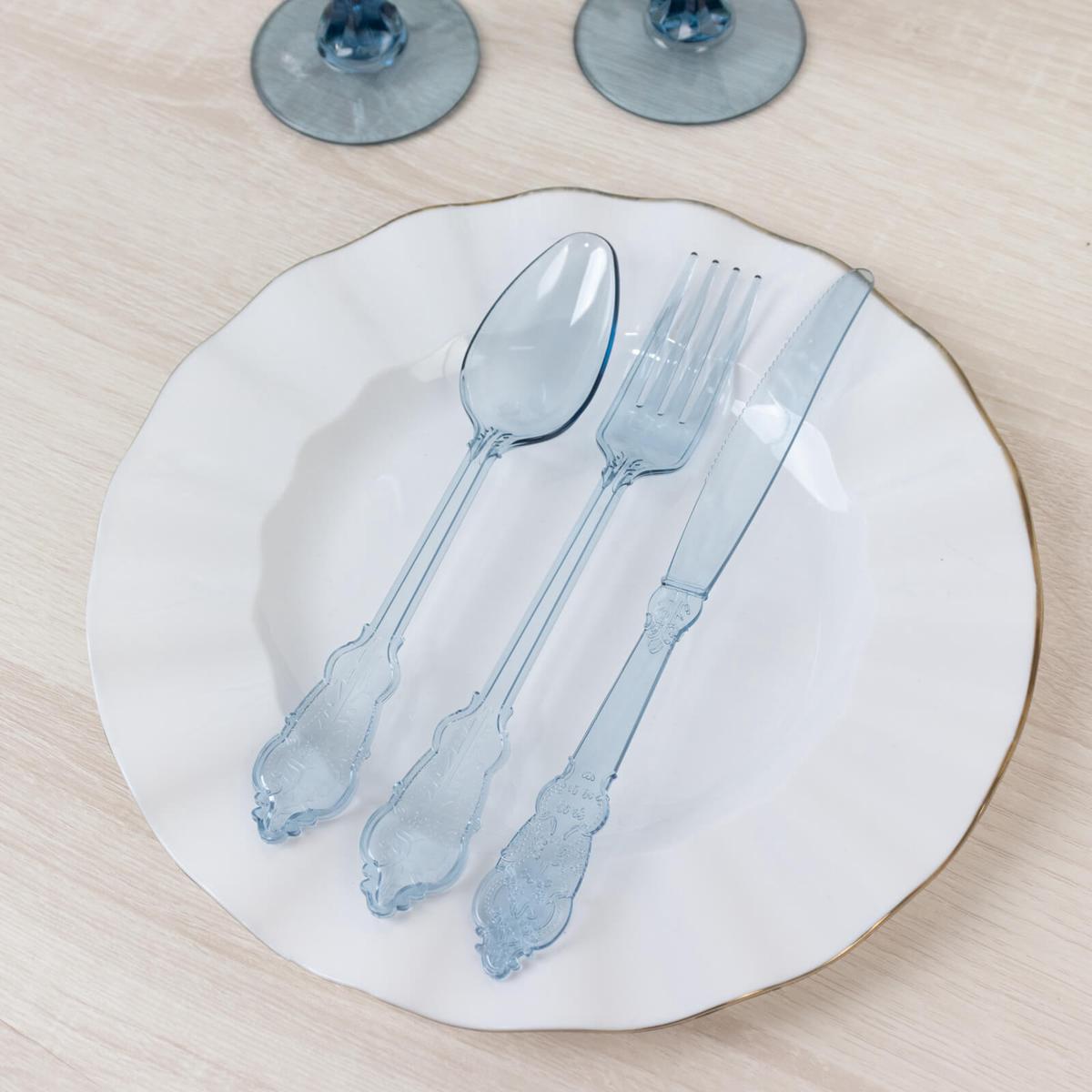 72 Pcs Plastic Silverware Set Transparent Dusty Blue in Baroque Style - Heavy Duty Disposable Knife, Fork, and Spoon Set