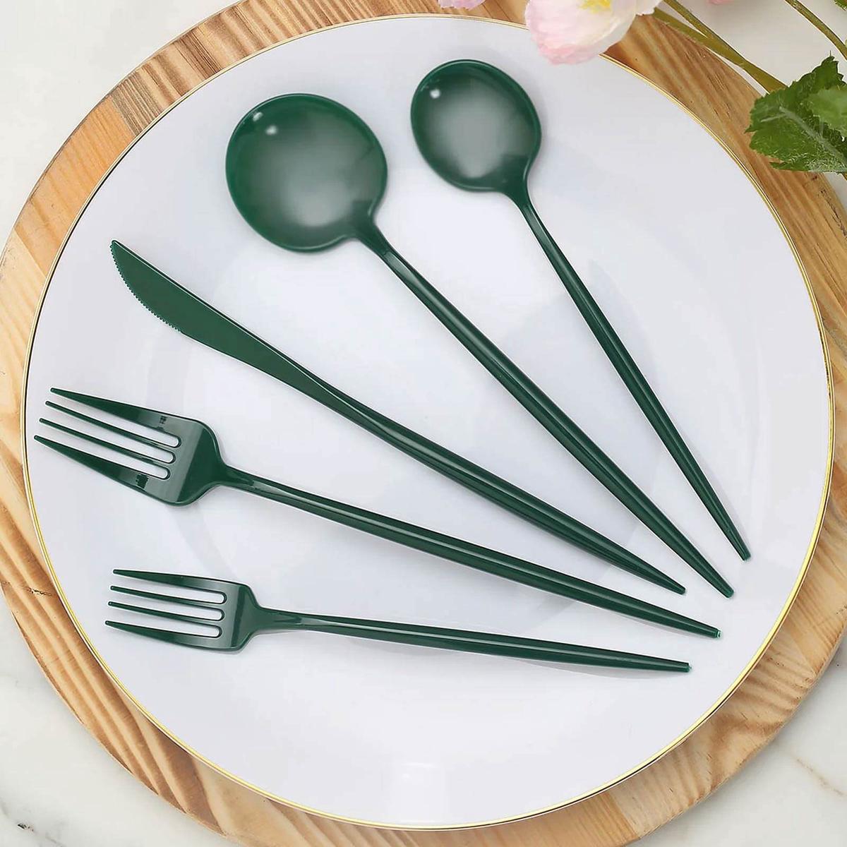 50-Pack Plastic Utensil Set Hunter Emerald Green - Heavy Duty Premium Disposable Sleek Flatware