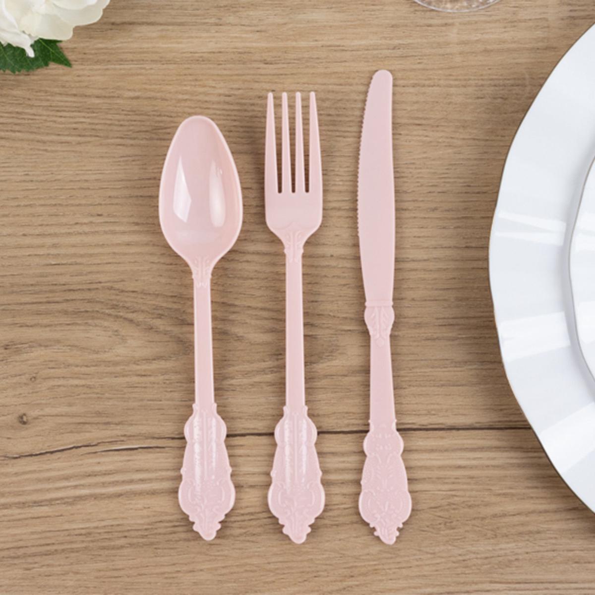 72 Pcs Plastic Silverware Set Blush in Baroque Style - Heavy Duty Disposable Knife, Fork, and Spoon Set