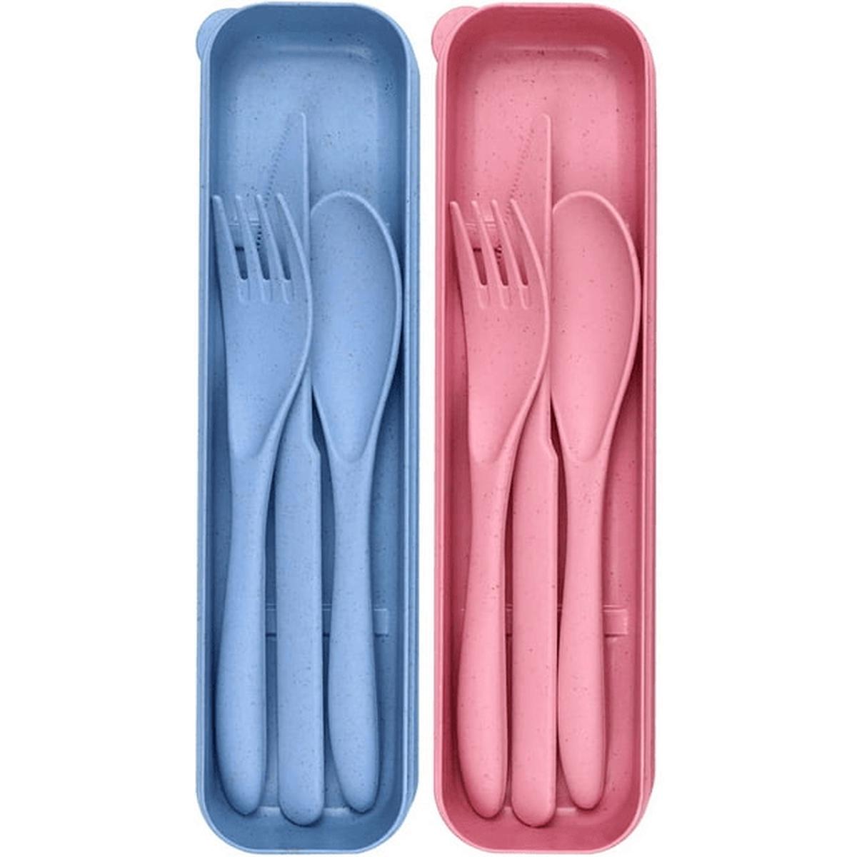2 Pack Reusable Travel Utensils Set with Case, Wheat Straw Portable Knife Fork Spoons Tableware, Eco-Friendly Cutlery for Kids Adults Travel Picnic Camping Utensils, Blue and Pink