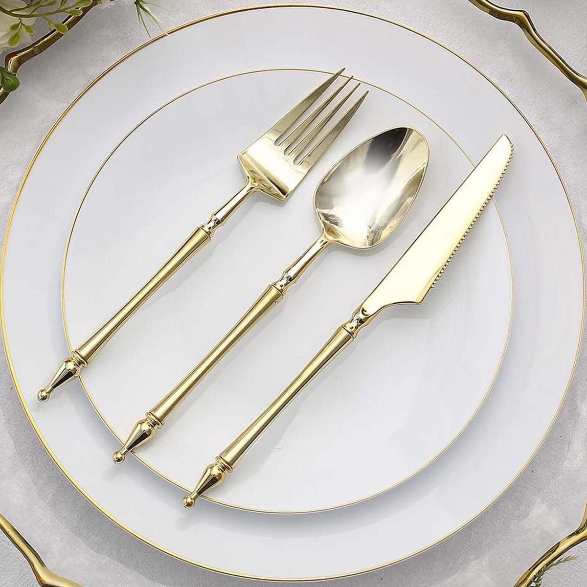 24-Pack Plastic Utensil Set Gold with Roman Column Handle - Glittered Disposable Forks, Spoons, and Knives