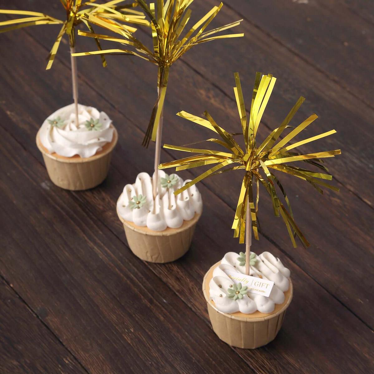 100-Pack Bamboo Skewers 9", Gold Firework Festive Foil Frills Cupcake Toppers - Cocktail Food Picks