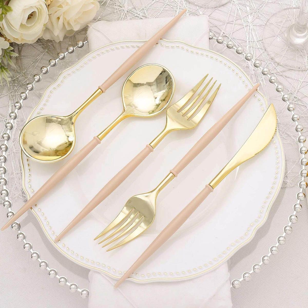 24-Pack Plastic Flatware Set 8" Metallic Gold with Beige Handle - Modern Heavy Duty Disposable Silverware