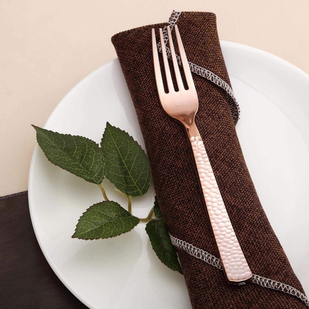 24-Pack Plastic Forks 7" Rose Gold with Hammered Style - Heavy Duty Disposable Silverware