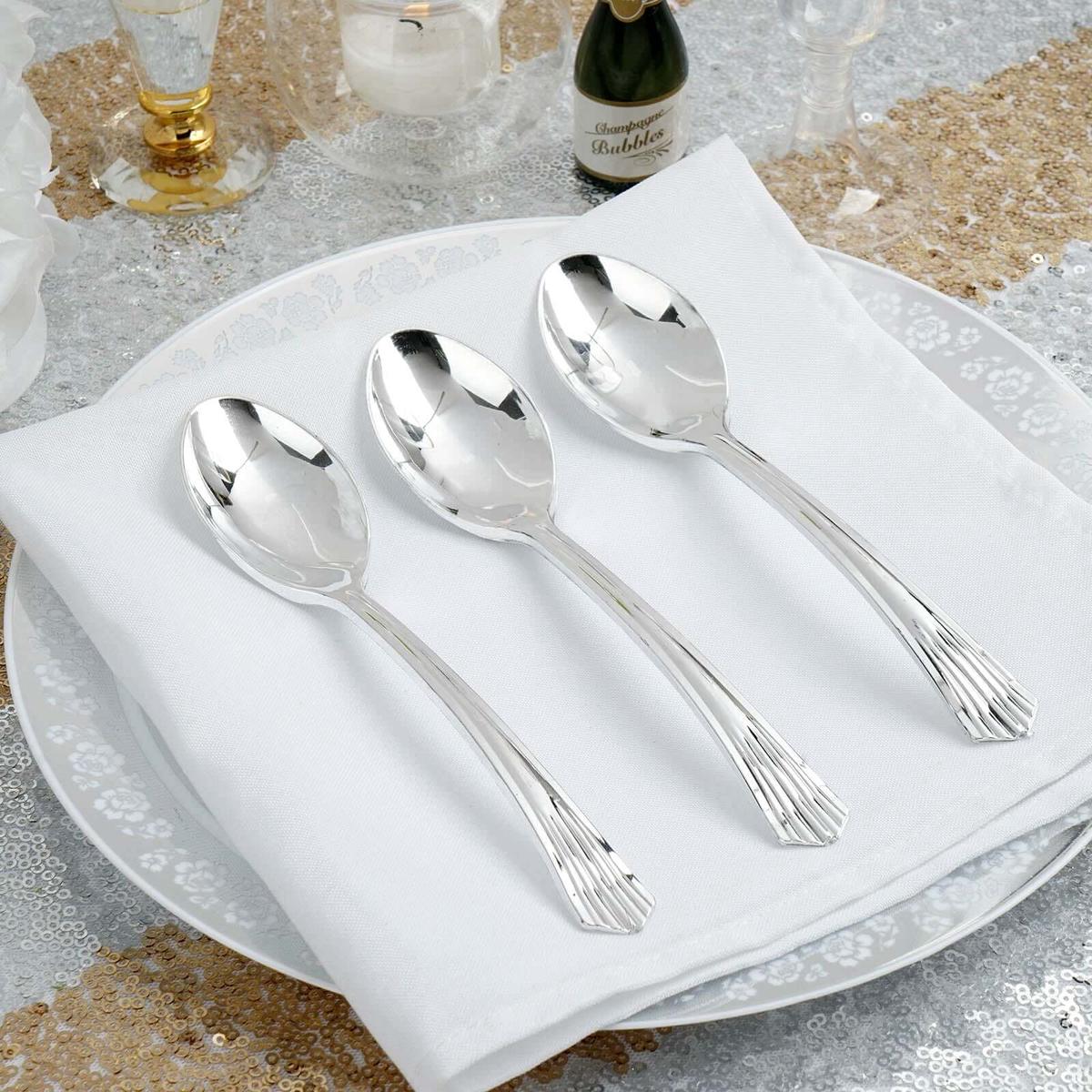 25-Pack Plastic Spoons 7" Silver Heavy Duty with Fluted Handles - Disposable Utensils