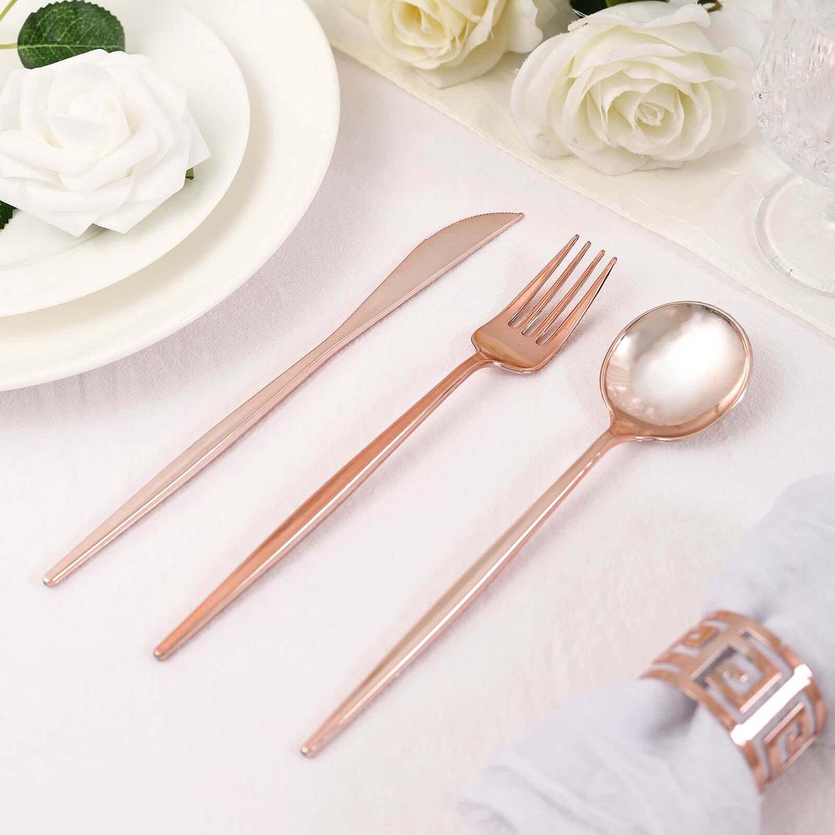 24-Pack Plastic Flatware Set 8" Rose Gold with Sleek Modern Design - Premium Disposable Silverware