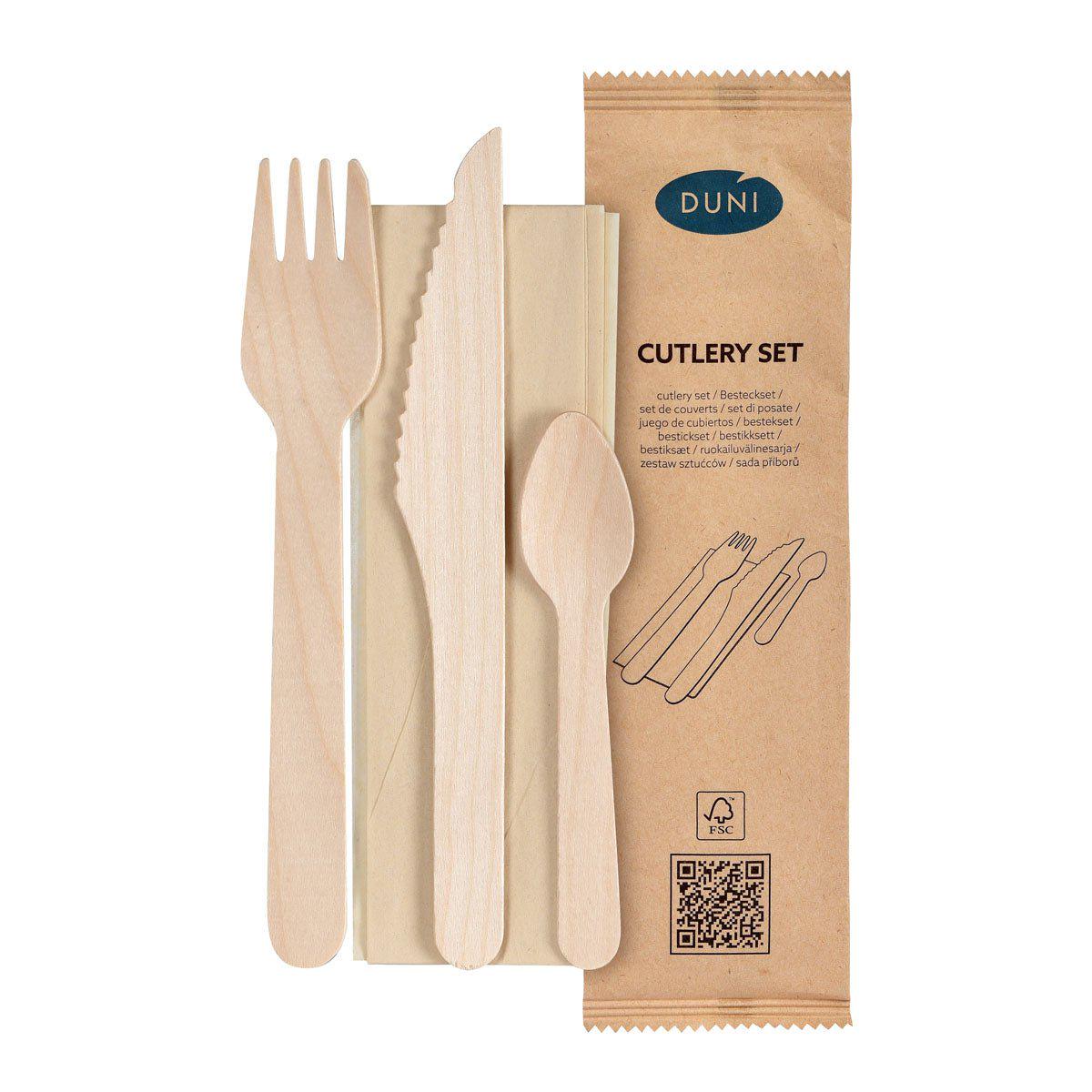 4/1 cutlery set, wood, fork & knife, coffee spoon, brown napkin natural waxed 160/165/110 | Pack (250 pieces)