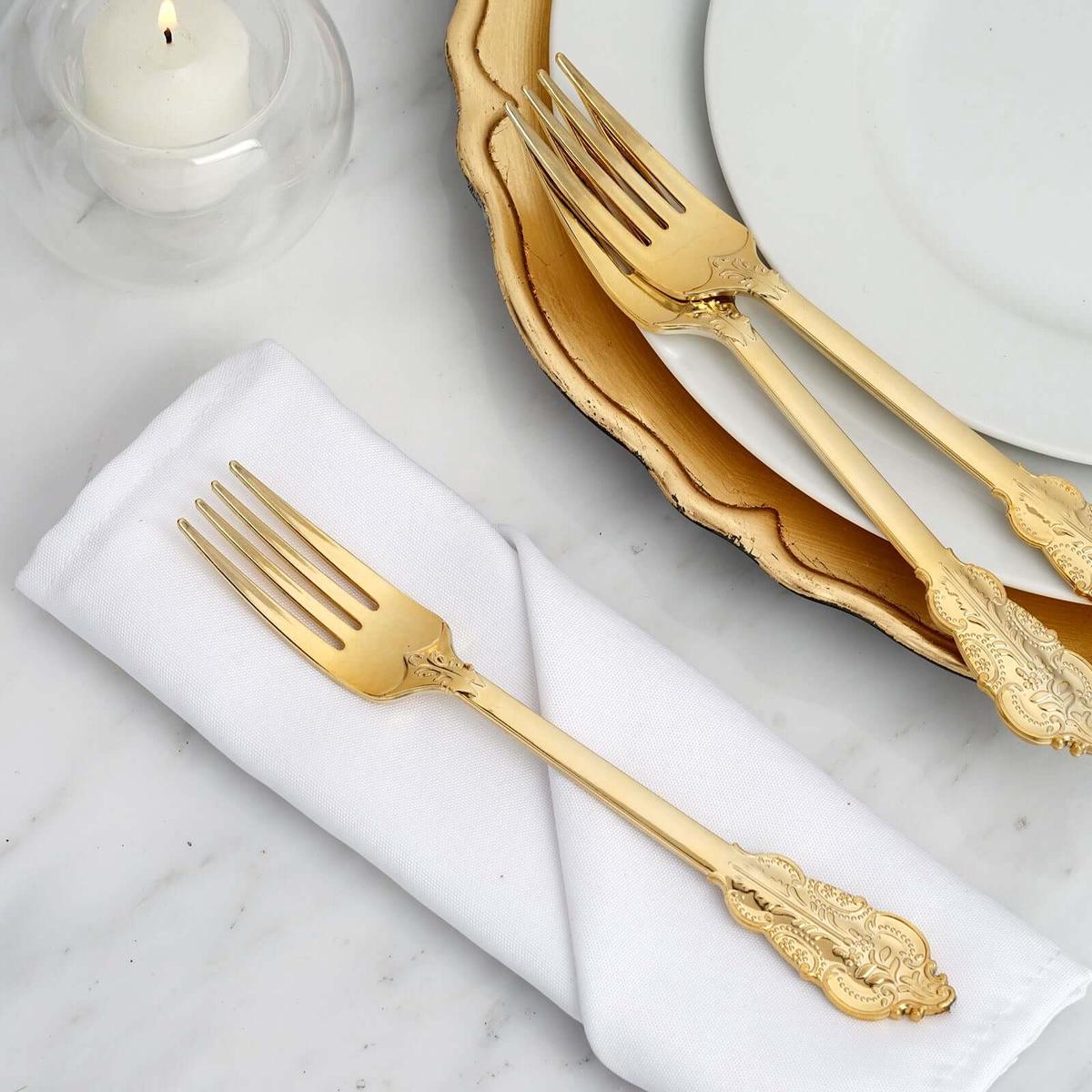 24-Pack Plastic Forks 8" Metallic Gold Baroque Style - Heavy Duty Disposable Silverware