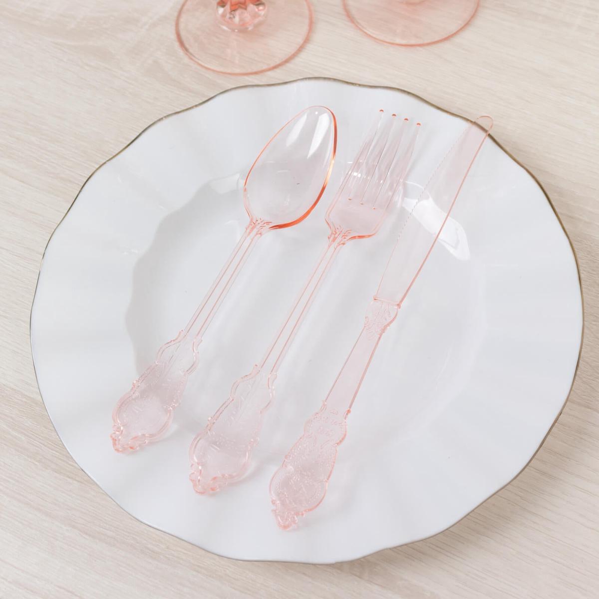 72 Pcs Plastic Silverware Set Transparent Blush in Baroque Style - Heavy Duty Disposable Knife, Fork, and Spoon Set
