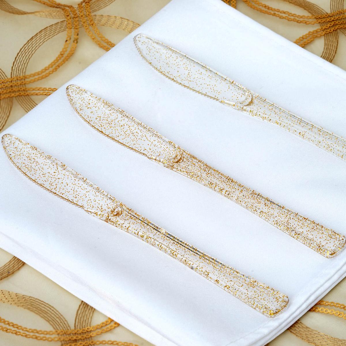 25-Pack Plastic Knives 7" Clear Gold Glitter Classic Heavy Duty - Sparkly Disposable Utensils